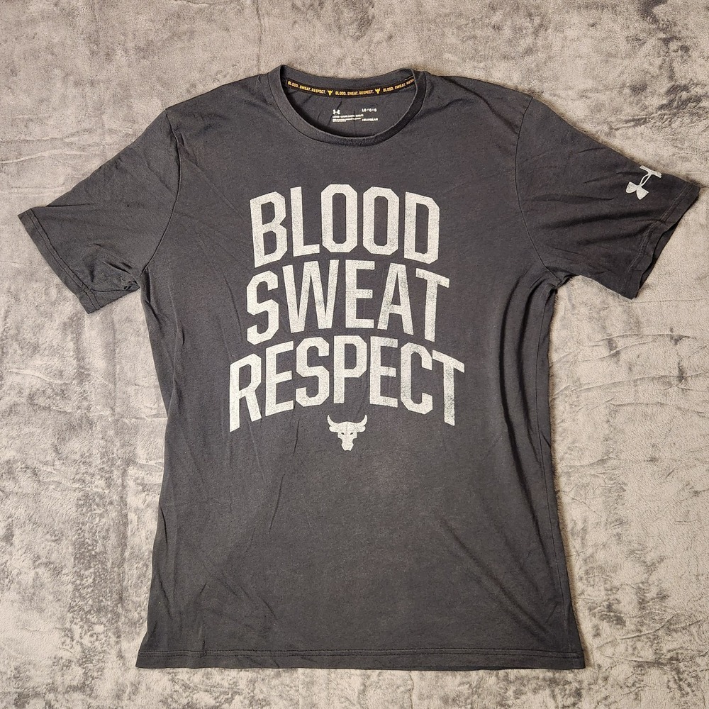 Under Armour Project Rock T-Shirt Mens Large Black Blood Sweat Respect Bull LG